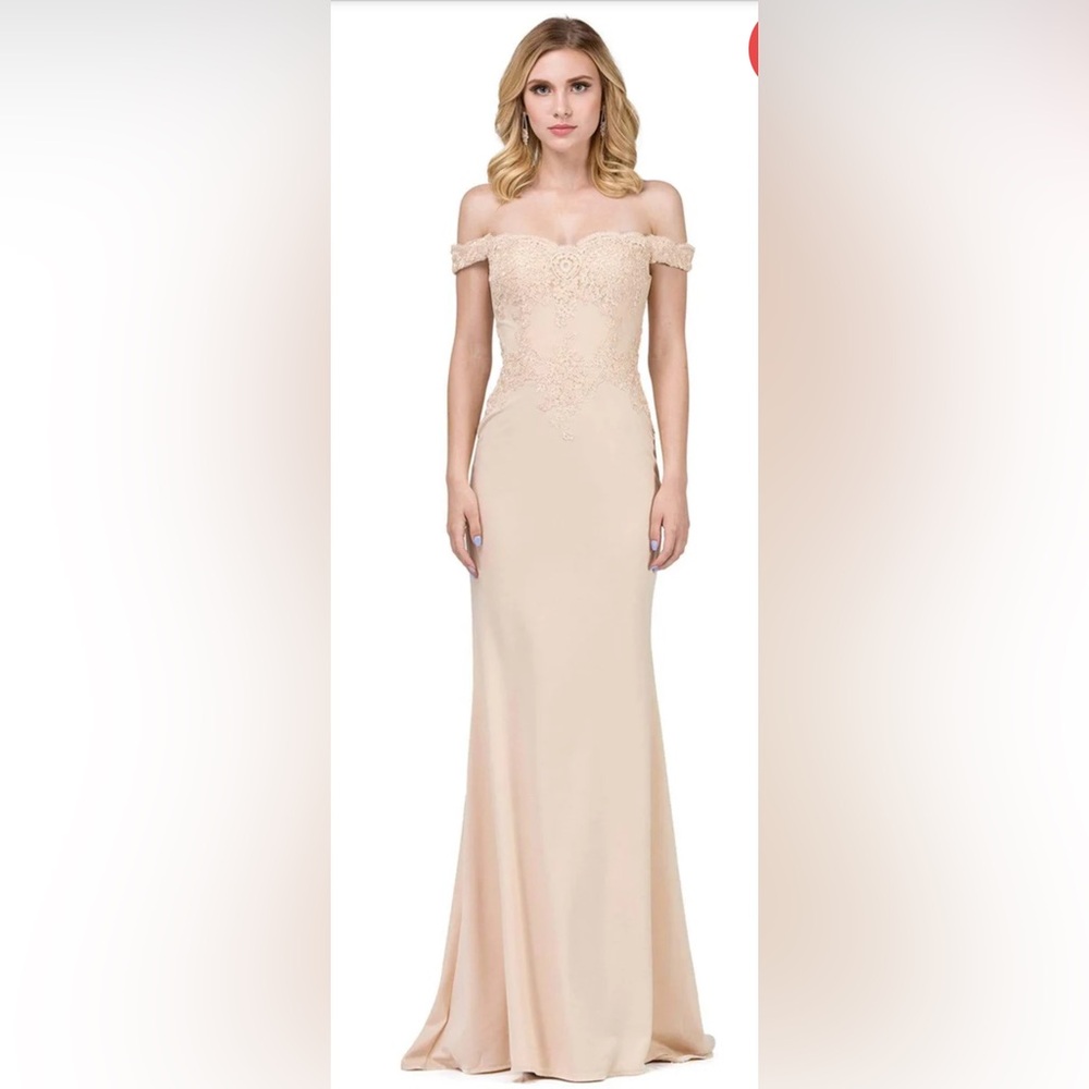 Dancing Queen 2562 Champagne Lace Applique Off-Shoulder Fitted Gown Dress XS